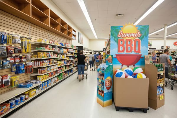 食料品店の通路を映したワイドショット。赤いグリルのグラフィックとカラフルなビーチボールの箱が目立つ「サマーバーベキュー」のディスプレイが目を引く。通路の奥にはカートを押した買い物客がおり、シリアル、スナック、缶詰など、様々な食品が並ぶ棚を通り過ぎている。左の壁には小さな金物も並べられており、上部には空になった棚もいくつか見える。