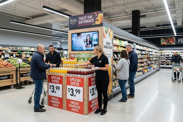 Eine Markenbotschafterin in schwarzer Uniform und weißen Handschuhen bietet Kunden in einem hell erleuchteten Supermarktgang Kostproben von Fresh Harvest Juice an. Das Display besteht aus Reihen orangefarbener und roter Saftflaschen mit dem Hinweis „Sonderangebot 3,99 €“. Im Hintergrund des modernen Supermarkts sieht man Kunden, die frisches Obst und Gemüse wie Äpfel und Bananen sowie andere Lebensmittel in den Kühlregalen durchstöbern.