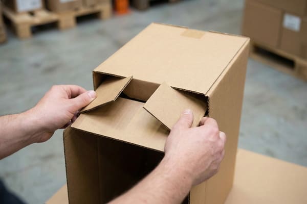 A close-up shot of a person's hands closing the top flaps of a plain brown cardboard box. The hands are carefully folding the last two opposing flaps inwards to seal the box, with the corrugated edges of the cardboard visible. The background is blurred, showing a warehouse or storage environment with other stacked cardboard boxes and wooden pallets.