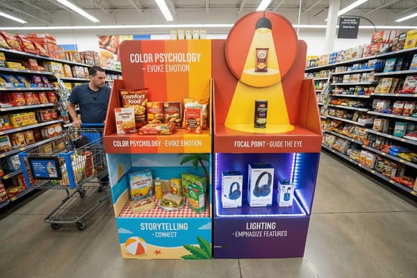 सुपरमार्केट के गलियारे में एक जीवंत इन-स्टोर प्रमोशनल डिस्प्ले, जिसमें विभिन्न मार्केटिंग तकनीकों का प्रदर्शन किया गया है। इस डिस्प्ले में 'कलर साइकोलॉजी' पर आधारित सेक्शन हैं, जिसमें पॉपकॉर्न और क्रैकर्स जैसे आरामदायक खाद्य पदार्थ, 'फोकल पॉइंट' पर स्पॉटलाइट ग्राफ़िक के साथ स्नैक चिप्स, 'स्टोरीटेलिंग' पर सैंडविच और जूस सहित पिकनिक सेटअप, और 'लाइटिंग' पर एलईडी स्ट्रिप्स वाले सैमसंग हेडफ़ोन और ईयरबड्स पर ज़ोर दिया गया है। बाईं ओर एक पुरुष दुकानदार नीले रंग की शॉपिंग कार्ट के साथ दिखाई दे रहा है, जो पैक किए गए किराने के सामान से भरी अलमारियों को देख रहा है।