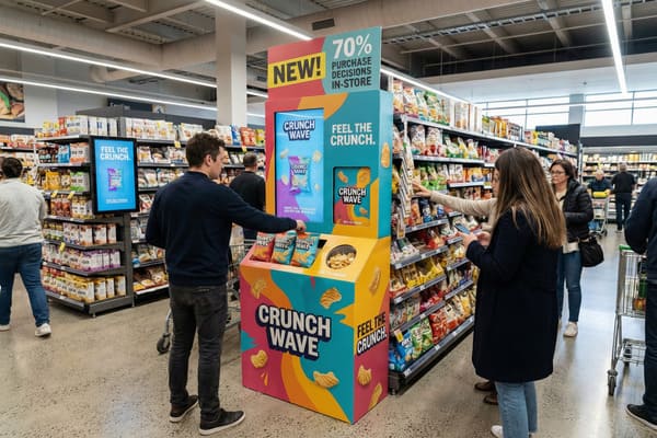 A vibrant 'Crunch Wave' potato chip promotional display in a brightly lit grocery store aisle. A man in a dark blue shirt is reaching for a bag of 'Crunch Wave' chips from the display, which features 'NEW!' and '70% PURCHASE DECISIONS IN-STORE' text, along with a digital screen showing 'FEEL THE CRUNCH'. Other shoppers are visible browsing shelves filled with various packaged snacks in the background.