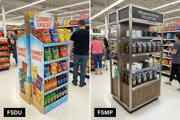 明るく照らされたスーパーマーケットの通路に、2つの異なる小売商品陳列が並んでいる。左側には、「SUMMER SNACKS」のブランドが入った段ボール製の仮設フロアスタンドディスプレイユニット（FSDU）があり、ドリトスやレイズといったフリトレーのチップスや、ペプシ、マウンテンデューなどの飲料が並んでいる。右側には、金属製のフレームと木製のアクセントが施された、より恒久的なプレミアムフロアスタンドディスプレイ（FSMP）があり、グルメコーヒーの袋詰めやブランドマグカップなどの「PREMIUM COFFEE COLLECTION」が並んでいる。背景には、他の棚を眺める買い物客の姿が見える。