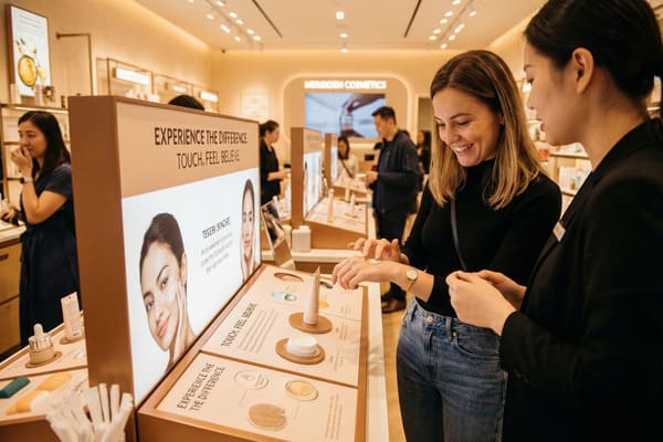 Улыбающаяся светловолосая женщина в чёрном топе и синих джинсах тестирует белое средство по уходу за кожей на тыльной стороне левой руки под руководством внимательного продавца-азиатки в чёрном блейзере. Они находятся в современном, ярко освещённом магазине MEADOM COSMETICS, окружённом витринами с… 