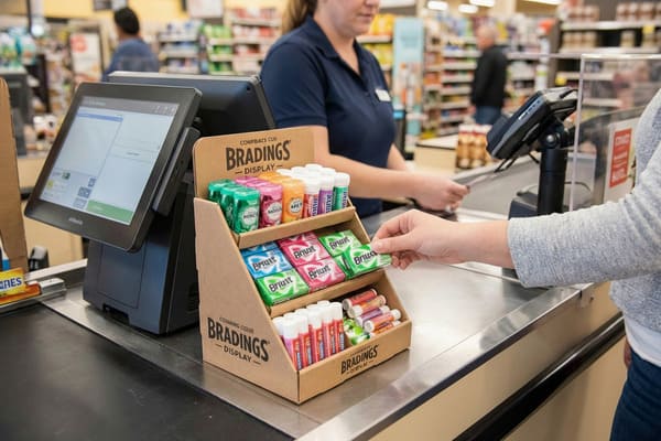 Dans un supermarché, une cliente choisit un paquet vert de chewing-gum Briust sur un présentoir Bradings à la caisse. Ce présentoir en carton, placé à côté d'un terminal de point de vente, propose divers bonbons à la menthe, chewing-gums et baumes à lèvres colorés. À l'arrière-plan, on aperçoit une caissière en uniforme bleu, qui traite les articles sur le tapis roulant.