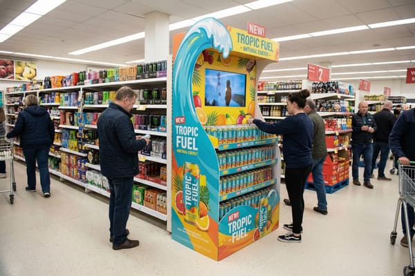 A brightly lit supermarket aisle features a prominent, colorful 'Tropic Fuel Natural Energy' drink display, designed with a blue wave motif and tropical fruit illustrations like oranges and grapefruits. The stand includes a central video screen playing content and is fully stocked with cans of the new energy drink. A female shopper is selecting a can from the display, while other customers browse adjacent shelves filled with various beverages and grocery items.