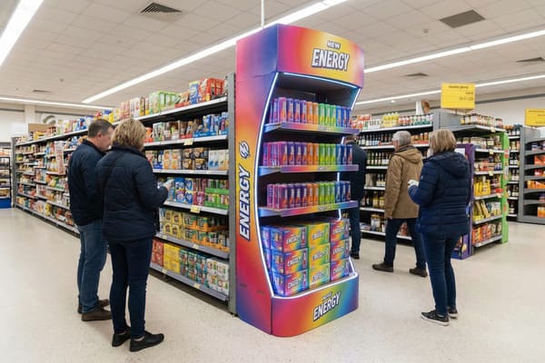 A vibrant, rainbow-colored 'NEW ENERGY' drink display stand, illuminated with LED lights, prominently featured in a well-lit supermarket aisle. The display is fully stocked with rows of colorful energy drink cans and multi-packs, attracting shoppers who are also browsing adjacent grocery shelves.