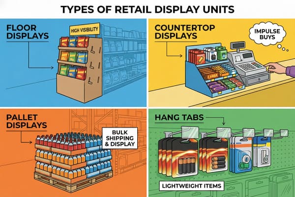 An infographic illustrating four types of retail display units: Floor Displays showing a cardboard stand with chip bags for high visibility; Countertop Displays featuring candy and small packaged goods near a cash register for impulse buys; Pallet Displays with stacks of bottled beverages on a wooden pallet for bulk shipping and display; and Hang Tabs showcasing lightweight items like batteries and tape hanging on a pegboard.
