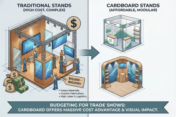 An infographic comparing traditional trade show stands with cardboard trade show stands, highlighting cost and complexity differences. Traditional stands are depicted as complex, expensive structures requiring heavy materials and high labor, costing $10,000-$50,000+. Cardboard stands are shown as affordable and modular, with standard kits costing $500-$1,500 (lightweight, easy setup, cost-effective) and custom designs costing $1,500-$3,000 (custom designs, high-end printing, structural integrity). The infographic emphasizes that cardboard offers a massive cost advantage and visual impact for trade show budgeting.