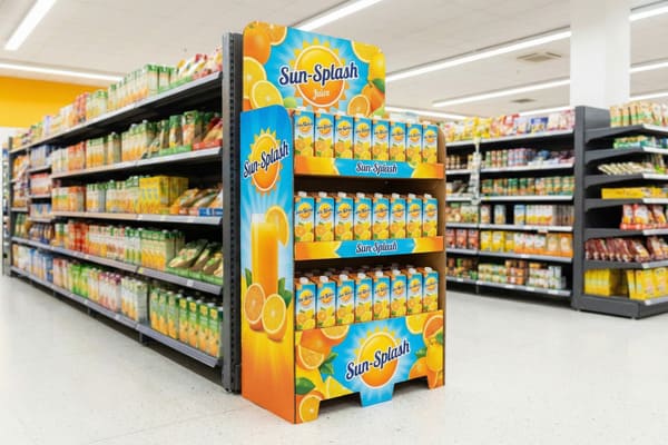 A vibrant Sun-Splash Juice display stand in a brightly lit supermarket aisle, showcasing multiple rows of small orange juice cartons. The cardboard display features eye-catching graphics of fresh oranges, orange slices, a glass of orange juice, and a prominent sun logo with 'Sun-Splash Juice' branding. Blurred shelves with other grocery products are visible in the background.