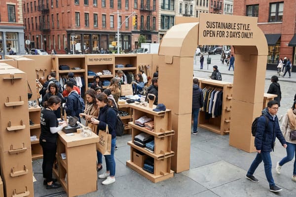 An outdoor pop-up clothing store, 'The Pop-Up Project,' constructed from cardboard, features racks of sustainable style apparel and shelves of folded garments. Numerous shoppers browse and make purchases at a checkout counter, with a large archway sign reading 'SUSTAINABLE STYLE. OPEN FOR 3 DAYS ONLY!' The event is set on a city street with historic brick buildings in the background.