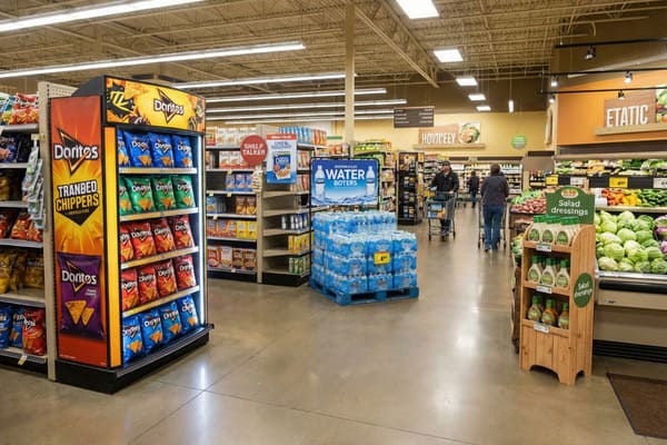 A wide shot of a brightly lit grocery store aisle, featuring a prominent Doritos chip display on the left with various colorful bags. In the center, a large stack of bottled water on a blue pallet is visible under a 'WATER BOTERS' sign. To the right, a fresh produce section showcases green lettuce and other vegetables, accompanied by a wooden display stand offering salad dressings. Two shoppers with carts are seen further down the aisle, navigating between shelves of various products.