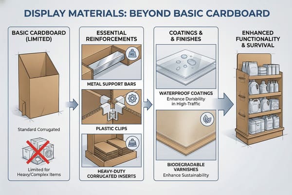 Infographic detailing the progression of display materials from basic corrugated cardboard to enhanced, sustainable retail-ready solutions. It illustrates the addition of metal support bars, plastic clips, and heavy-duty inserts for reinforcement, followed by waterproof coatings and biodegradable varnishes for durability and sustainability, culminating in a functional, multi-shelf retail display unit.