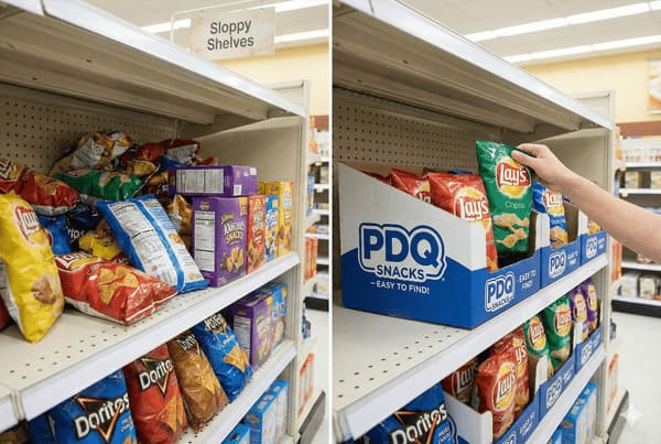 Comparison of messy snack shelves and organized PDQ snack display