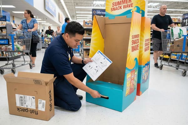 A Walmart employee in a blue uniform kneels in a store aisle, carefully reading instructions to assemble a 'Summer Snack Wave' promotional display for Lay's potato chips. An open 'flat-pack' cardboard box sits beside him, while shoppers with grocery carts are visible in the background of the brightly lit supermarket.