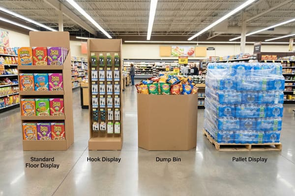 明るく照らされた食料品店の通路に、4つの異なる小売商品ディスプレイが並んでいます。カラフルなシリアルの箱が並ぶ、複数段の標準的な段ボール製フロアディスプレイ、充電ケーブルなどの電子機器の付属品が入ったフックディスプレイ、Lay'sのポテトチップスの袋が溢れかえる大きな八角形のゴミ箱、そしてシュリンクラップされたボトルウォーターのケースが木製パレットに高く積み上げられたパレットディスプレイです。背景には、ぼかした買い物客と、食料品店の典型的な棚が映っています。