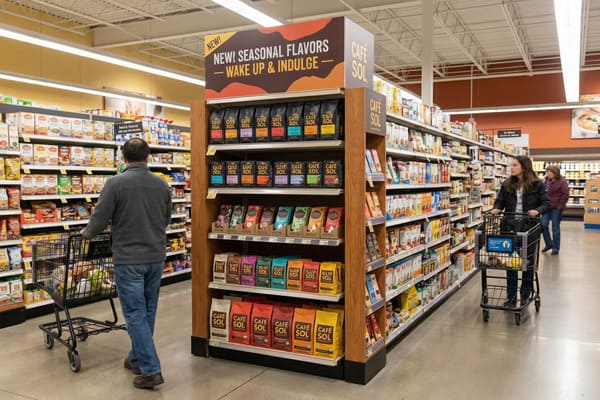 A man in a gray sweater and blue jeans pushes a shopping cart filled with groceries down a brightly lit supermarket aisle. To his right, a prominent wooden display stand showcases numerous bags of 'Café Sol' coffee, with a large sign above announcing 'NEW! SEASONAL FLAVORS - WAKE UP & INDULGE'. The shelves on both sides of the aisle are stocked with various packaged food items, including cereals and snacks. Further down the aisle, a woman pushes her own shopping cart, and another shopper is visible in the background, creating a typical grocery store scene.