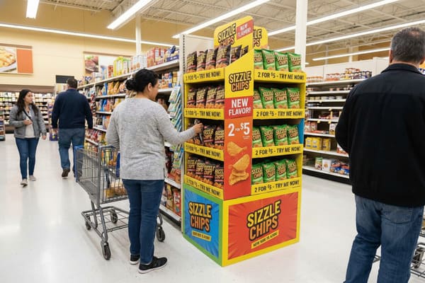 A woman in a grey sweater and jeans selects a bag of 'Sizzle Chips' from a vibrant, yellow and red promotional display in a brightly lit supermarket aisle. The display advertises 'New Flavor!' and a '2 for $5' deal. Other shoppers, including a man with a shopping cart, are visible in the background browsing various grocery shelves.