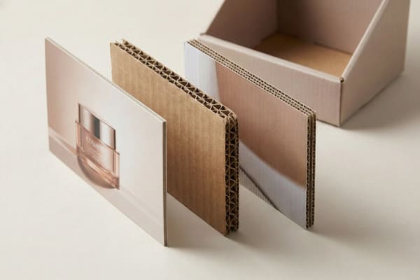 Close-up of various corrugated cardboard packaging samples, showcasing different finishes and structures. On the left, a piece of white corrugated cardboard features a printed image of a cosmetic jar. In the center, a plain brown corrugated board clearly displays its internal fluting. To its right, another corrugated piece has a lighter, possibly coated, surface. In the background, an open, empty cardboard display box is visible, emphasizing packaging design and material options.