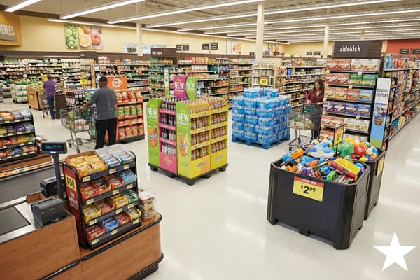 明るく照らされた食料品店の店内には、様々な食品、飲料、家庭用品が並ぶ複数の通路があります。買い物客がカートを押しており、「新商品」のディスプレイ、おもちゃの「ダンプビン」、そして「サイドキック」のディスプレイが目立つように設置されています。手前にはレジカウンターが見えます。