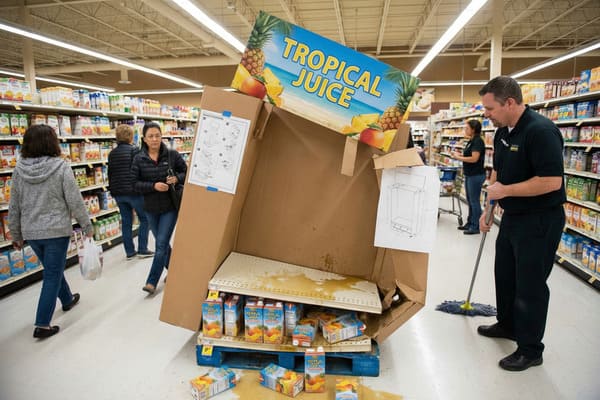 A supermarket employee mops up a large spill of tropical juice from a collapsed cardboard display in a grocery store aisle, featuring cartons of pineapple and orange juice, with shoppers walking past in the background.