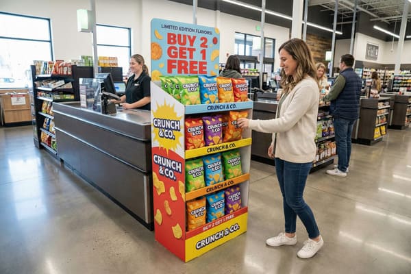Eine lächelnde Frau in weißer Strickjacke und Jeans wählt in einem Supermarkt eine orangefarbene Tüte Crunch & Co. Chips aus einem auffälligen Werbeaufsteller. Der Aufsteller wirbt mit „Limited Edition Flavors!“ und einem „2 kaufen, 1 gratis“-Angebot. Im Hintergrund lächelt eine Kassiererin hinter der Kasse, und man sieht weitere Kunden.