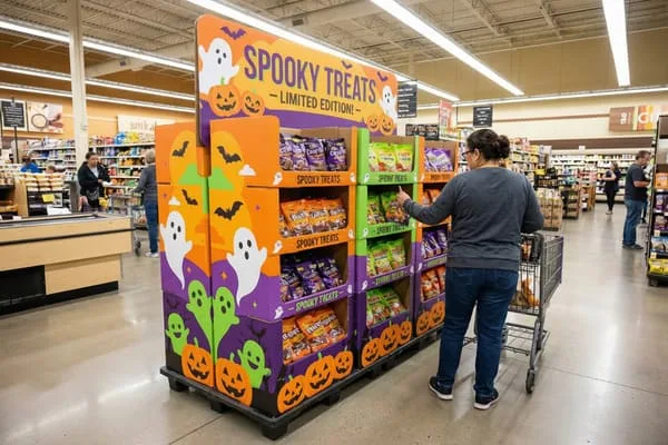 একটি শপিং কার্ট নিয়ে একজন মহিলা একটি উজ্জ্বল আলোকিত মুদি দোকানের আইলে একটি প্রাণবন্ত হ্যালোইন 'স্পুকি ট্রিটস - লিমিটেড এডিশন!' প্রদর্শনী দেখছেন। বড় কার্ডবোর্ডের প্রদর্শনীটি কমলা, বেগুনি এবং সবুজ অংশ দিয়ে সজ্জিত, যেখানে হাস্যোজ্জ্বল কুমড়ো, বন্ধুত্বপূর্ণ সাদা ভূত এবং কালো বাদুড় রয়েছে, যেখানে বিভিন্ন ধরণের ক্যান্ডির ব্যাগ প্রদর্শিত হচ্ছে। পটভূমিতে অন্যান্য ক্রেতা এবং সাধারণ দোকানের পণ্য দৃশ্যমান।