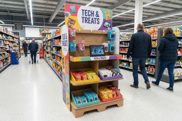 A cardboard point-of-sale display stand labeled