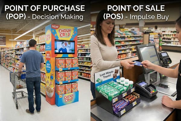 A split image illustrating two retail marketing concepts. On the left, a man with a shopping cart stands in a grocery aisle, observing a 'Chowy Crop' cereal display featuring a digital screen playing an advertisement, representing a Point of Purchase (POP) decision-making scenario. On the right, a woman at a supermarket checkout counter hands a credit card to a cashier, with a 'Last Minute Treats!' display of mints and chocolate bars (Snickers, Mars) next to the register, demonstrating a Point of Sale (POS) impulse buy.