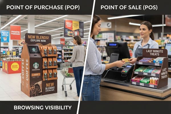 A split image comparing Point of Purchase (POP) and Point of Sale (POS) retail displays. The left side, labeled 'Browsing Visibility', shows a woman with a shopping cart examining a Starbucks coffee display stand in a supermarket aisle. The right side, labeled 'Impulse Buys', shows a woman paying with a credit card at a checkout counter, next to a 'Last Minute Treats' display featuring candies, mints, and lip balm.