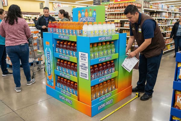 भूरे रंग की बनियान पहने एक स्टोर कर्मचारी सुपरमार्केट के गलियारे में लगे बड़े, बहु-स्तरीय गेटोरेड हाइड्रो-बूस्ट पेय पदार्थ के डिस्प्ले का आकार माप रहा है। नीले और हरे रंग का यह डिस्प्ले स्पोर्ट्स ड्रिंक की विभिन्न रंगों की बोतलों से भरा हुआ है, और इसके आधार पर एक पीला मापने वाला टेप लगा हुआ है। पृष्ठभूमि में दुकानदार और अन्य किराने की दुकानों की अलमारियां दिखाई दे रही हैं।
