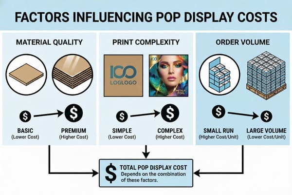 An infographic illustrating the factors influencing Point-of-Purchase (POP) display costs. It categorizes factors into Material Quality (basic cardboard for lower cost vs. premium multi-layered material for higher cost), Print Complexity (simple logo printing for lower cost vs. complex full-color printing with metallic foil for higher cost), and Order Volume (small runs resulting in higher cost per unit vs. large volumes for lower cost per unit). The infographic concludes that total POP display cost depends on the combination of these factors.