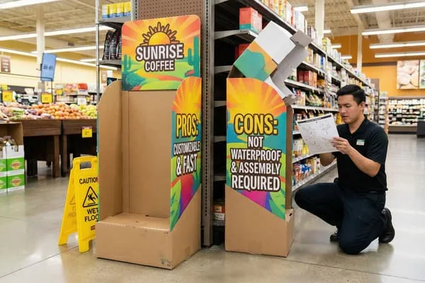 一名身穿黑色制服的男子跪在超市过道里，仔细阅读一款名为“日出咖啡”的新型纸板零售展示架的组装说明。展示架上醒目地标明了“优点：可定制且快速”和“缺点：不防水且需要组装”。旁边立着一块黄色的“小心地滑”警示牌，背景中可以看到摆满食品杂货和新鲜蔬果的货架。