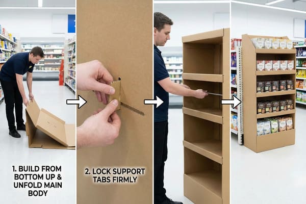 A four-panel image illustrating the step-by-step assembly of a brown cardboard retail display shelf in a supermarket aisle. Panel 1 shows a person in a blue shirt unfolding the flat-packed cardboard base. Panel 2 provides a close-up of hands locking cardboard support tabs firmly into place. Panel 3 shows the person inserting metal reinforcement bars into the shelves for heavy items. Panel 4 displays the fully assembled, stable cardboard shelf, neatly filled with various packaged food products, positioned next to a standard store shelf, highlighting its clean edges and readiness for use.