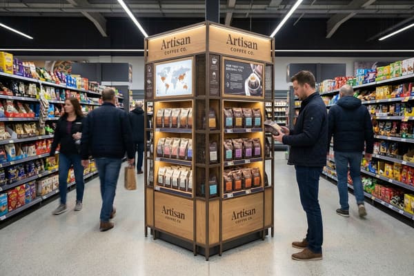 A man in a dark blue quilted jacket and jeans examines a bag of coffee at a prominent 'Artisan Coffee Co.' display stand in a well-lit supermarket aisle. The stand, made of wood and dark metal, showcases multiple rows of coffee bags in various colored packaging, along with digital screens displaying a world map highlighting coffee regions and brewing tips. Other shoppers are visible in the background, walking past long shelves stocked with groceries.
