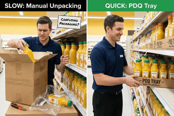 Side-by-side of slow manual unpacking vs. fast PDQ tray setup for orange juice