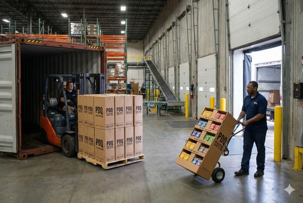 倉庫作業員2名が物流を管理しています。1名はフォークリフトを操作し、PDQブランドの箱が積まれたパレットを輸送コンテナから運び出しています。もう1名は、PDQのディスプレイボックスを積んだハンドトラックを押して、開いている荷降ろし場へと向かいます。これは、忙しい工業用倉庫における効率的な製品取り扱いと配送の様子を示しています。