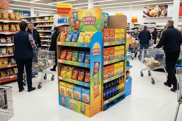 明るく照らされたスーパーマーケットの通路に、「サンライズ・スナック」の鮮やかなプロモーションディスプレイが目立つように設置されており、棚にはレイズやドリトスといった様々なチップスブランドや、チェリオスのシリアルが何箱も並んでいる。その下にはペプシとセブンアップのボトルが見える。ショッピングカートに商品を詰め込んだ数人の買い物客が通路を歩き回り、周囲の棚の商品を眺めている。この光景は、食料品店の活気ある雰囲気を捉えている。