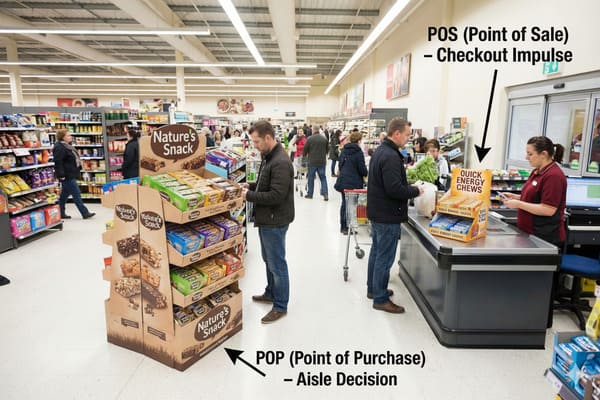 A bustling supermarket interior showcasing two distinct retail merchandising strategies: a large, multi-tiered 'Nature's Snack' point-of-purchase (POP) display positioned in an aisle for 'aisle decision' impulse buys, and a smaller 'Quick Energy Chews' point-of-sale (POS) display located at a busy checkout counter for 'checkout impulse' purchases. Shoppers are seen browsing products and waiting in line, illustrating real-world consumer interaction with in-store promotions.