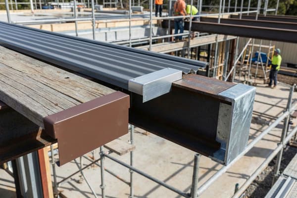 Detailed view of various building materials on a construction site, featuring a grey corrugated metal sheet, a textured wooden beam, and a robust steel I-beam. The beams are fitted with protective metal end caps, one brown and one silver. In the blurred background, scaffolding and construction workers are actively engaged in building activities under a clear sky.
