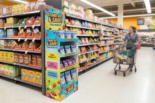 Яркая отдельно стоящая витрина (FSDU) для фруктовых закусок в продуктовом магазине с заметным слоганом «ВЫДЕЛЯЙСЯ И ЭКОНОМЬ! ПРЕИМУЩЕСТВА FSDU». Яркие изображения фруктов, включая клубнику, апельсины и чернику, подчеркивают «ВИДИМОСТЬ», «ЭКОНОМИЧНОСТЬ» и «УНИВЕРСАЛЬНОЕ РАЗМЕЩЕНИЕ». На полках аккуратно разложены несколько пакетиков с фруктовыми закусками. На заднем плане размытые полки заполнены коробками с хлопьями и снеками, а покупатель катит тележку по проходу.