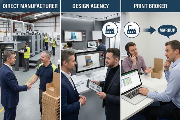 A three-panel image comparing manufacturing processes: 'Direct Manufacturer' shows a businessman shaking hands with a factory worker next to large printing presses and stacks of brown cardboard display boxes; 'Design Agency' depicts designers creating 3D product display mockups on computers, with a factory icon indicating outsourcing to a manufacturer; 'Print Broker' illustrates two men discussing costs with a laptop displaying a spreadsheet and a physical cardboard display box, showing a factory icon leading to a 'MARKUP' speech bubble, highlighting added costs.