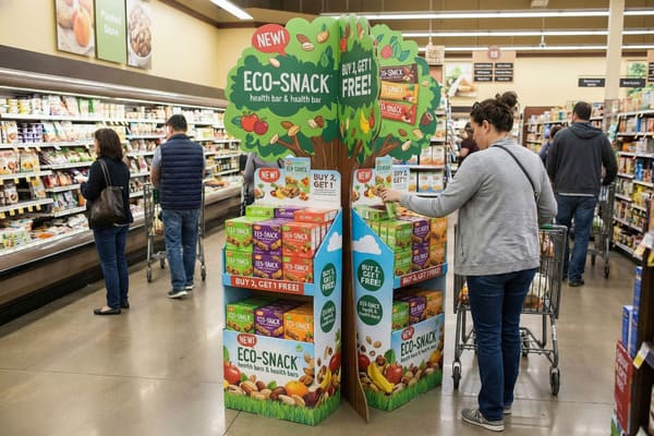 Dans un rayon animé d'un supermarché, un grand présentoir en forme d'arbre met en valeur les barres énergétiques « ECO-SNACK », avec la mention « NOUVEAU ! » et l'offre « 2 achetées, 1 offerte ! ». Une femme en pull gris et jean se sert une barre énergétique dans le présentoir bien garni, qui propose plusieurs boîtes de barres aux saveurs variées. À l'arrière-plan, d'autres clients parcourent les rayons réfrigérés remplis de produits alimentaires divers. Le socle du présentoir est décoré d'images de fruits et de noix, soulignant ainsi la qualité des ingrédients naturels.