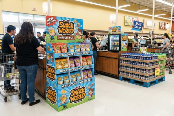 Ein leuchtend blauer Verkaufsstand von Disney Snack World, der prominent mit „NEUE GESCHMACKSRICHTUNGEN! Spontankauf!“ wirbt und mehrere Regale voller bunter Snacktüten bietet, steht in der belebten Kassenhalle eines Supermarkts. Kunden sind an den Kassen zu sehen, und in der Nähe befindet sich eine große Palette mit Pepsi- und anderen Limonadenflaschen, die mit einem Preisschild „1,99 €“ versehen ist. Die Szene fängt die typische Supermarktatmosphäre mit den vielfältigen ausgestellten Produkten perfekt ein.