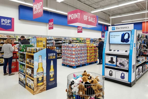 A woman in a modern retail electronics store is browsing a shelf filled with tech accessories, including phone cases and headphones. She is reaching for a blue-packaged product, with other shoppers visible in the background.