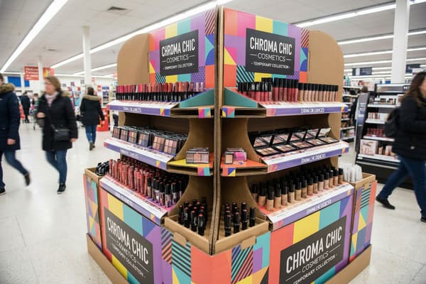A vibrant, multi-tiered cardboard display for 'Chroma Chic Cosmetics - Temporary Collection' in a brightly lit supermarket aisle. The display is adorned with colorful geometric patterns and showcases numerous cosmetic products including lip glosses, eyeshadow palettes, and foundation bottles. Blurred shoppers are visible walking in the background, past other retail shelves.