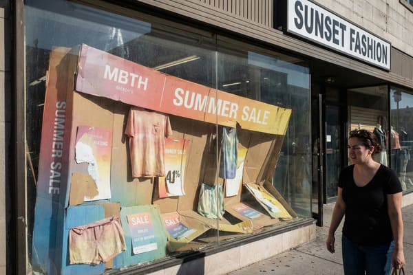 A woman walks past the storefront of 'Sunset Fashion' on a sunny day, featuring a 'Summer Sale' display made of cardboard. The window showcases tie-dye clothing including a t-shirt, tank top, and shorts, with signs indicating 'SALE' and '41% off'. The woman is wearing a black v-neck t-shirt and blue jeans, carrying a brown bag.