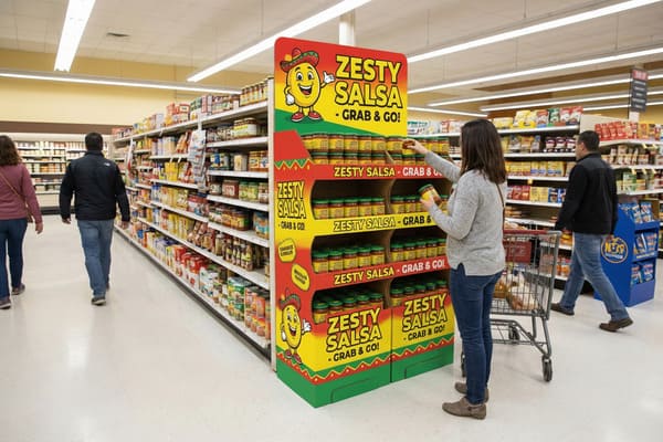 A woman in a grey sweater and blue jeans selects a jar of 'Zesty Salsa - Grab & Go!' from a vibrant yellow and red promotional display stand in a brightly lit grocery store aisle. Her shopping cart is positioned next to her, while other shoppers and fully stocked shelves of various food products are visible in the background, depicting a typical supermarket shopping scene.