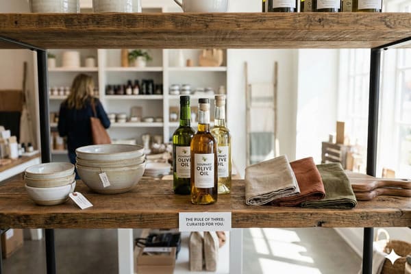 Ein rustikales Holzregal in einem liebevoll gestalteten Haushaltswarengeschäft. Darauf stehen drei Flaschen Gourmet-Olivenöl, gestapelte Keramikschalen mit Preisschildern, drei gefaltete Leinen-Servietten in Beige, Rostrot und Olivgrün sowie zwei Holzschneidebretter. Ein Schild verkündet: „DIE DREIERREGEL: FÜR SIE AUSGEWÄHLT“. Im Hintergrund ist eine verschwommene Kundin zu sehen, die in anderen Regalen stöbert.