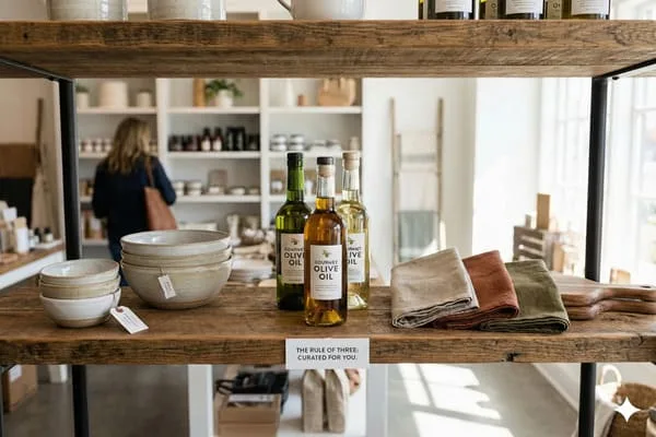 一家精选家居用品店里，一个质朴的木架上摆放着三瓶高级橄榄油、一摞摞贴着价格标签的手工陶瓷碗、三条折叠好的亚麻餐巾（米色、锈红色和橄榄绿色）以及两块木质砧板。一块标牌上写着“三法则：为您精心挑选”。背景中可以看到一位模糊的顾客正在浏览其他货架。