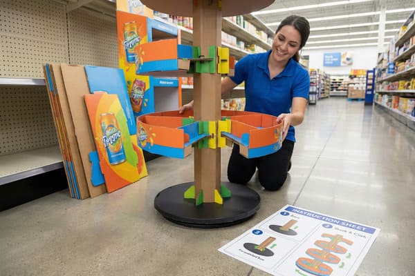 A smiling woman in a blue polo shirt kneels in a grocery store aisle, assembling a colorful cardboard point-of-purchase display for 